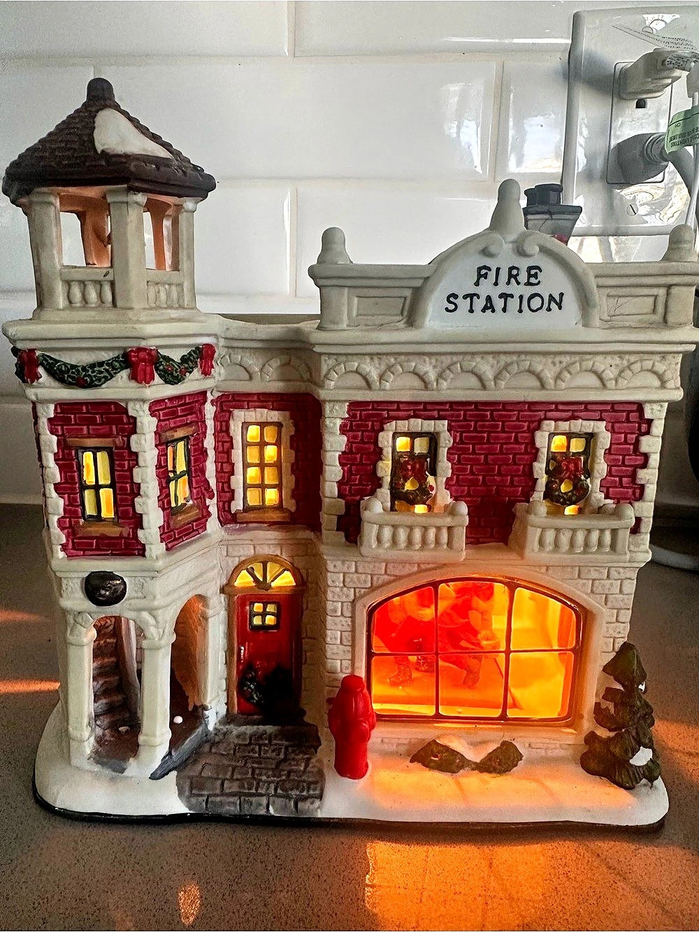 Holiday Expressions Glass Window House Fire Station Lighted Porcelain Holiday